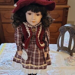 Handmade Porcelain Doll with Burgundy Outfit, Hatal, Lace Details